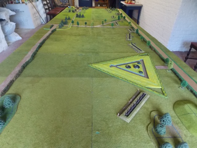 An aerial view showing the scale of the fort on the table.  The table is 16 feet long by 6 foot wide.